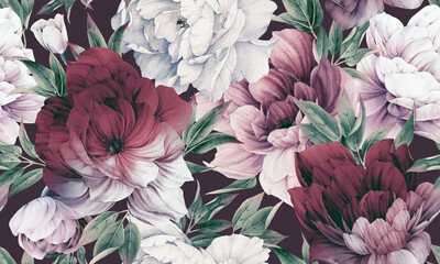 Seamless floral pattern with peonies on summer background, watercolor illustration. Template design for textiles, interior, clothes, wallpaper - 433260803