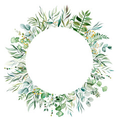 Watercolor botanical green leaves frame illustration