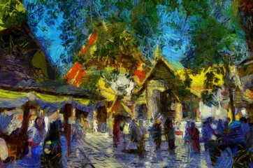 Obraz premium Wat Phra That Doi Suthep temple Tourists walking up and down stairs in tourism Illustrations creates an impressionist style of painting.