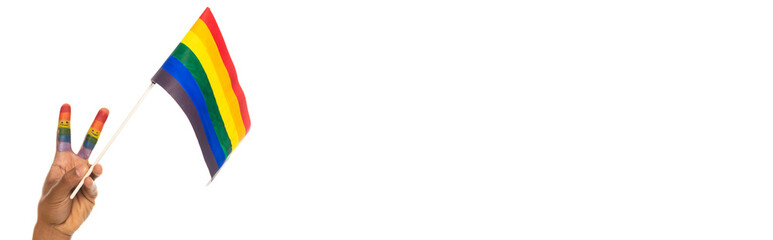 partial view of african american man showing victory sign while holding lgbt flag isolated on white, banner