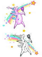 Cute Unicorn dancing and singing in microphone on background of the rainbow