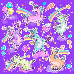 Set of cute dancing and singing Unicorns