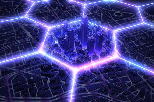 neon hexagon wire shape over dark city aerial view