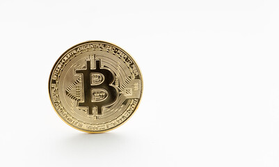 Bitcoin coin isolated on white background. Copy space