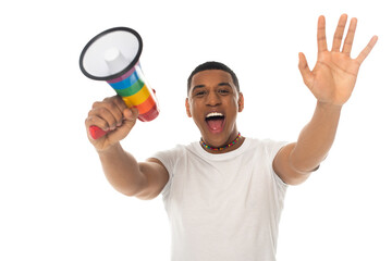 african american man with megaphone in lgbt colors, waving hand and screaming isolated on white