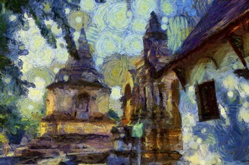 Ancient pagoda Illustrations creates an impressionist style of painting.