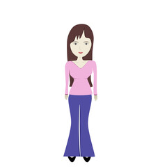A long haired woman wearing a pink shirt, purple pants, black feet