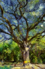 Fototapeta premium Large tree With branches spreading out wide With a beautiful branch shape Illustrations creates an impressionist style of painting.