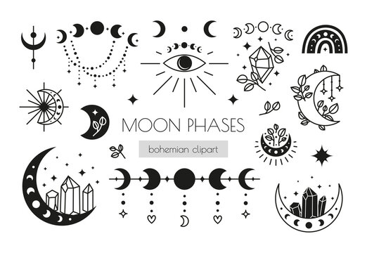 Set of boho icons: moon phases, crescents, stars, rainbow, crystals.