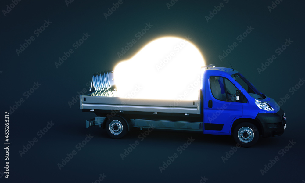 Wall mural truck carries a large lighted and luminescent light bulb.