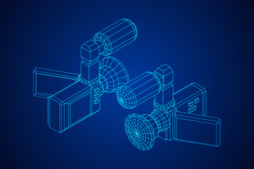 Digital video hand-held camera with rotating screen and external microphone. Wireframe low poly mesh vector illustration.