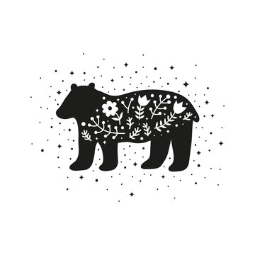 Bear with flowers, berries, leafy branches, stars, dots.