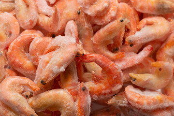 Fresh shrimps in ice. Top view.