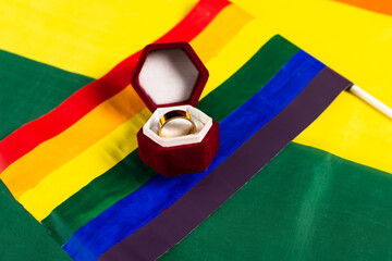 lgbt flag and wedding ring in jewelry box on rainbow colors background