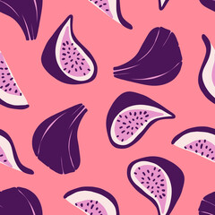 Bright colors seamless pattern, figs fruits, exotic hand drawn fruits, seamless texture, pink color, purple fruits