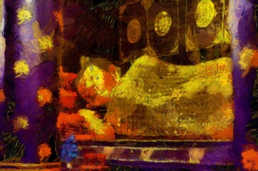 Reclining Buddha statue It is an ancient Buddha statue Illustrations creates an impressionist style of painting.