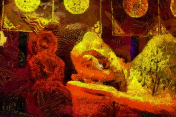 Reclining Buddha statue It is an ancient Buddha statue Illustrations creates an impressionist style of painting.