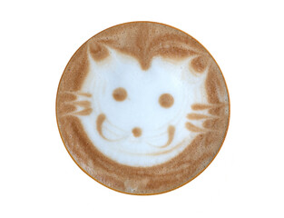 Top view hot coffee cappuccino latte art cat cartoon shape foam isolated on white background, clipping path included