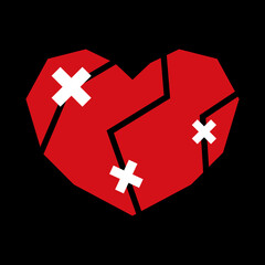 Broken heart sealed with a plaster. Breakup. Heart disease. Simple flat design.