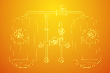 Oil tank storage of flammable materials and pipeline with valve. Finance economy polygonal petrol production. Petroleum fuel industry transportation line. Wireframe low poly mesh vector illustration.