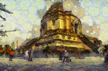 Obraz premium Ancient pagoda Illustrations creates an impressionist style of painting.
