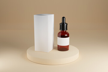 Brown glass cosmetic bottle mock-up with blank white box on stage. 3d render