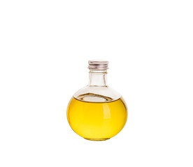 Glass bottles with organic natural vegetable oil made from flax seeds, sunflower, nuts, sesame and rice, isolated on white background.