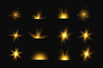 Light effects set, golden stars, bokeh,glittering particles.