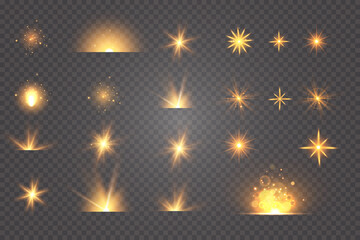 Fototapeta na wymiar Light effects set, golden stars, bokeh,glittering particles.