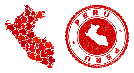 Mosaic Peru map created with red love hearts, and scratched seal stamp. Vector lovely round red rubber stamp imitation with Peru map inside. - obrazy, fototapety, plakaty