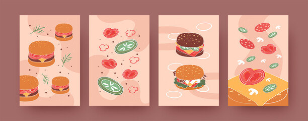 Set of contemporary posters with hamburgers and vegetables. Mushrooms, burgers with different buns pastel vector illustrations. Fast food, menu designs for social media, invitation cards