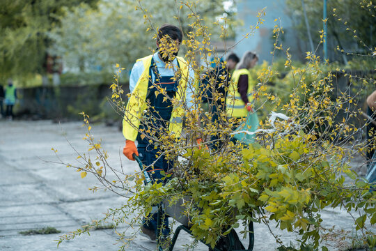 volunteer melt cleaning up parwith wheelbarrow from dust waste and foliage