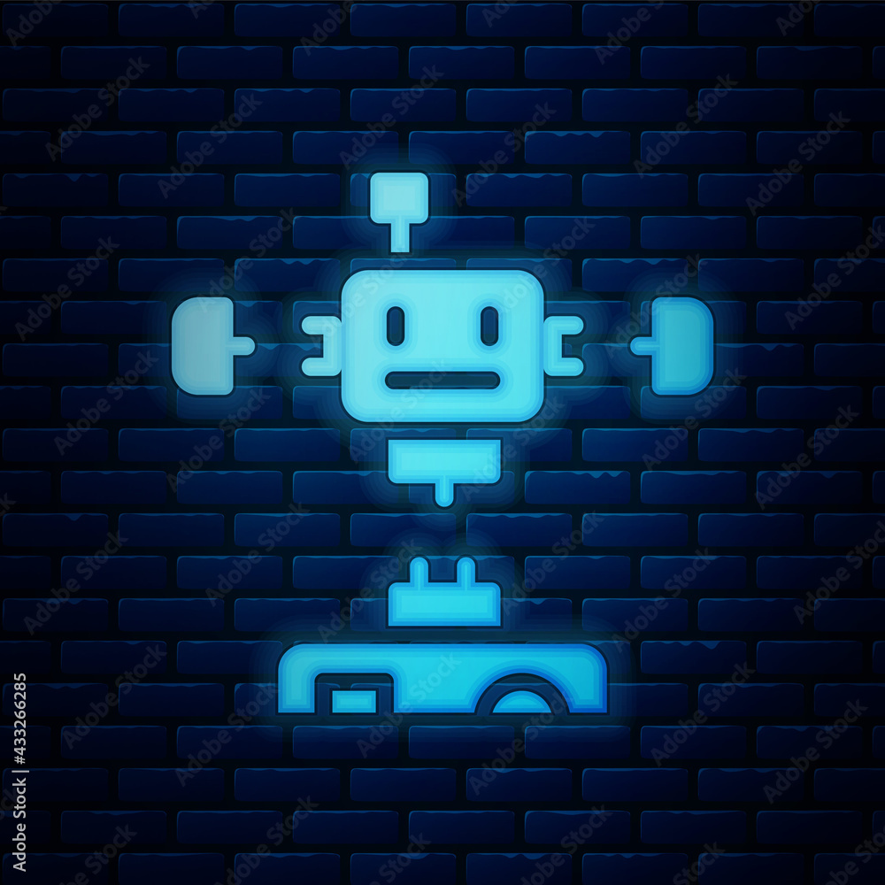 Poster glowing neon disassembled robot icon isolated on brick wall background. artificial intelligence, mac