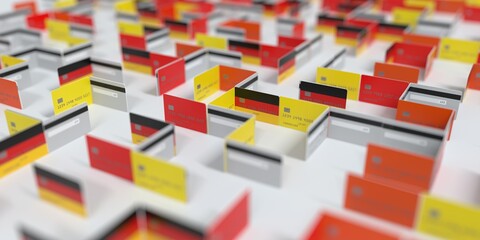 Flag of Germany on the mockup credit card maze. Financial difficulties related 3D rendering