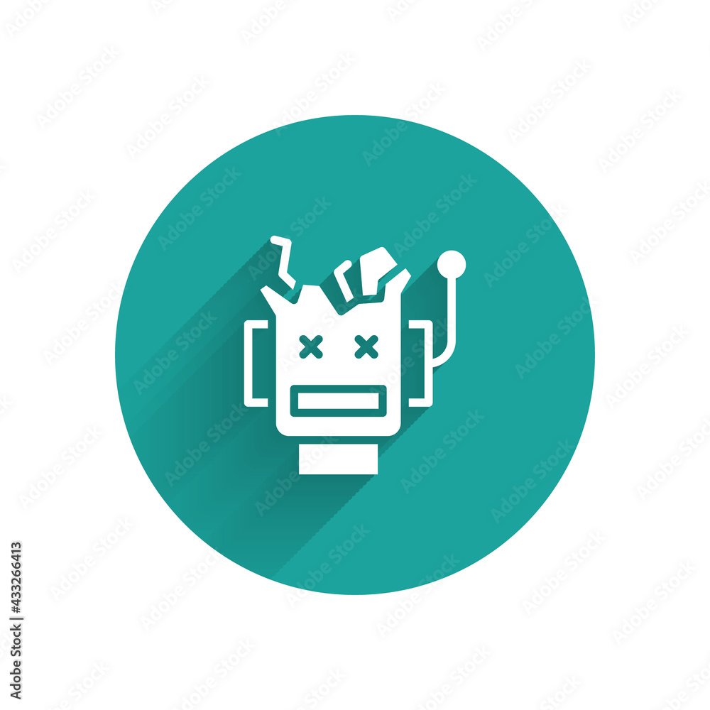 Poster white broken robot icon isolated with long shadow. artificial intelligence, machine learning, cloud 