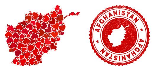 Mosaic Afghanistan map created with red love hearts, and textured stamp. Vector lovely round red rubber stamp imitation with Afghanistan map inside.