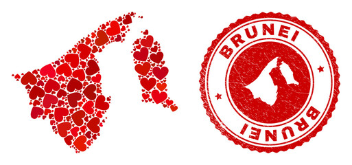 Mosaic Brunei map formed from red love hearts, and rubber seal stamp. Vector lovely round red rubber seal imitation with Brunei map inside.