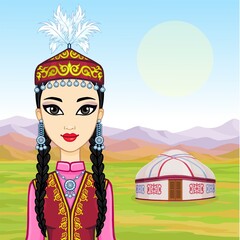 Asian beauty. Animation portrait of a beautiful girl in ancient national cap and jewelry. Central Asia. Background - mountain landscape, ancient yurt. Dwelling of nomads. Vector illustration. 