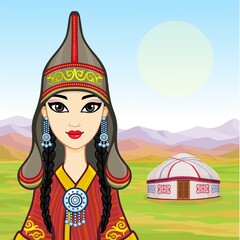 Asian beauty. Animation portrait of a beautiful girl in ancient national cap and jewelry. Central Asia. Background - mountain landscape, ancient yurt. Dwelling of nomads. Vector illustration. 