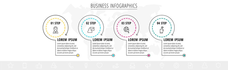 Vector infographics four circles with arrows. Line business concept of 4 steps, options. Infographic template for diagram, web, banner, presentations, flowchart, content, levels, chart