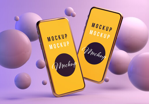Two Floating Smartphones on a Purple Background with Spheres Mockup