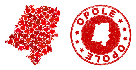 Mosaic Opole Voivodeship map designed from red love hearts, and rubber seal stamp. Vector lovely round red rubber seal stamp imitation with Opole Voivodeship map inside.