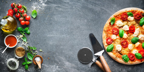 Crispy italian pizza with ricotta, tomatoes and basil