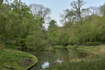 Fototapeta na wymiar L'un des étangs entouré de végétation luxuriante sous l'ombre d'un nuages au parc Josaphat à Schaerbeek 