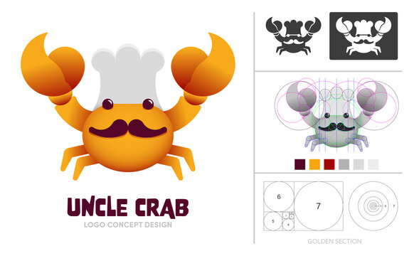 Crab chef cartoon character logo concept composition with golden ratio. Symbol for food product or restaurant.