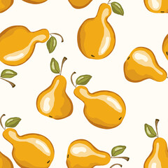 Seamless pattern with pear on white background. Natural delicious fresh ripe tasty fruit. Vector illustration for print, fabric, textile, banner, other design. Stylized pears with leaves. Food concept