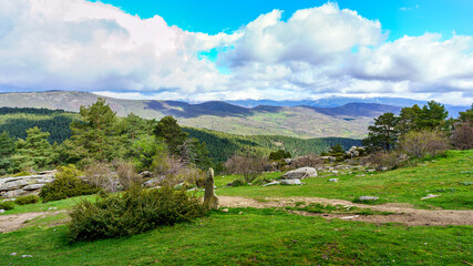 Fototapeta na wymiar Panoramic green landscape with mountains in the background and green grass meadows. Madrid.