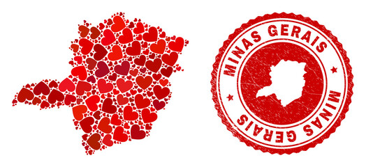 Mosaic Minas Gerais State map composed with red love hearts, and textured seal. Vector lovely round red rubber seal imprint with Minas Gerais State map inside.