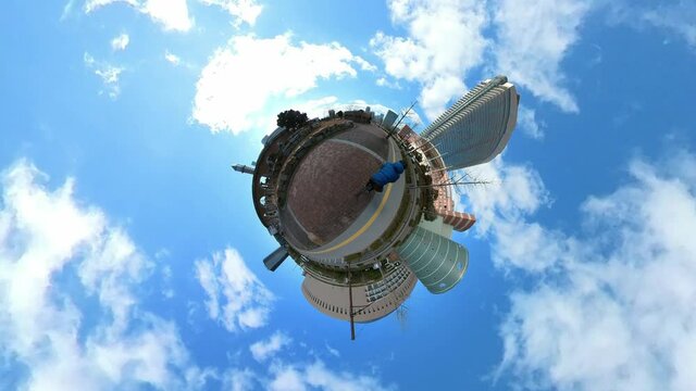 Urban tiny planet.  360 degree, on vehicle, bike shot in beautiful sunny day