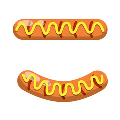 Hot dog. Bread, sausage, ketchup. Icon Harmful diet. Delicious Bun. Fast junk food. Cartoon flat illustration